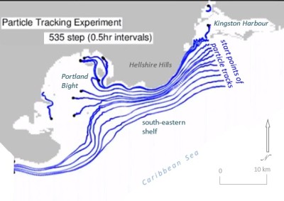 Figure 1: RMA Particle Tracking model output showing end-points of buoyant particles released along the mouth and shipping channel of the Kingston Harbour. Particle transport was tracked over an 11-day period.  The full model loop can be seen at: http://blue.monagis.com/?hydrodynamic=particle-dispersion